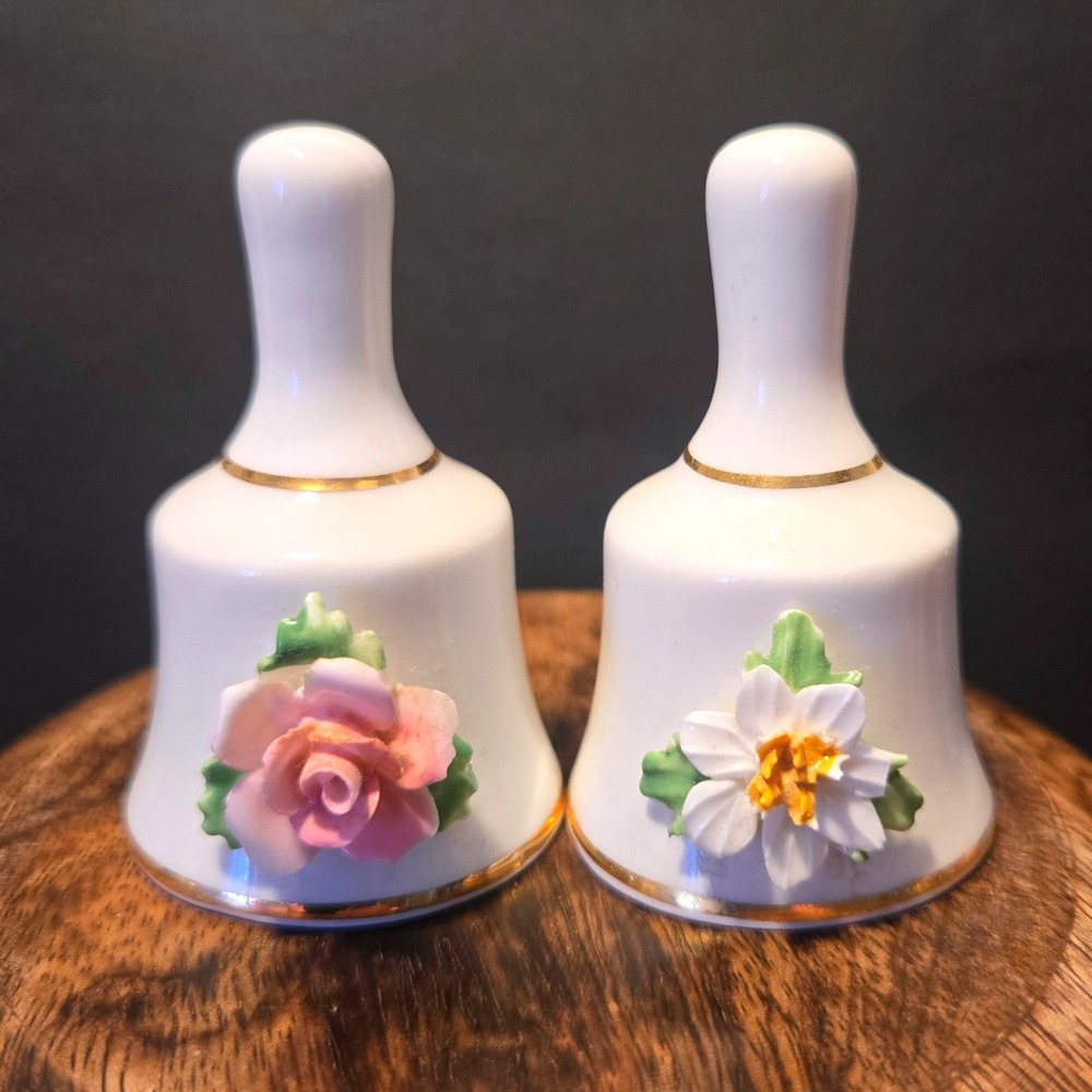 Schmid England Bone China Pair of Decorative Bells Rose Daisy Floral Gold Trim